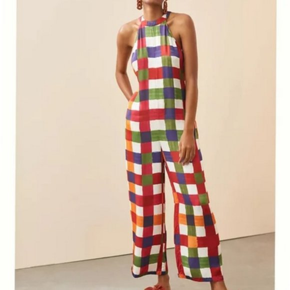 Anthropologie Farm Rio S NWT Gingham Mock Neck Jumpsuit